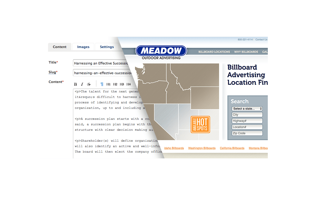 Meadow Outdoor web page frontend and backend view