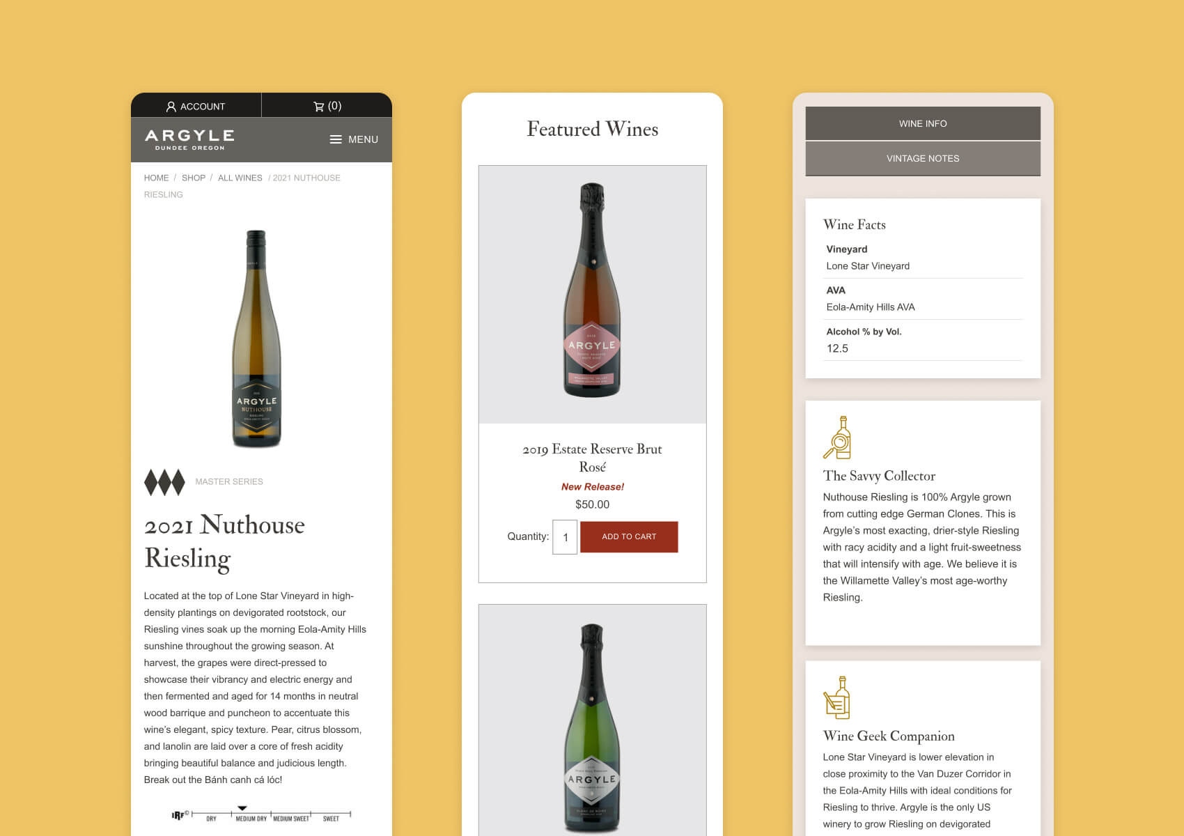 Argyle Winery's mobile store pages: a wine detail page, featured wines with add-to-cart, and wine facts