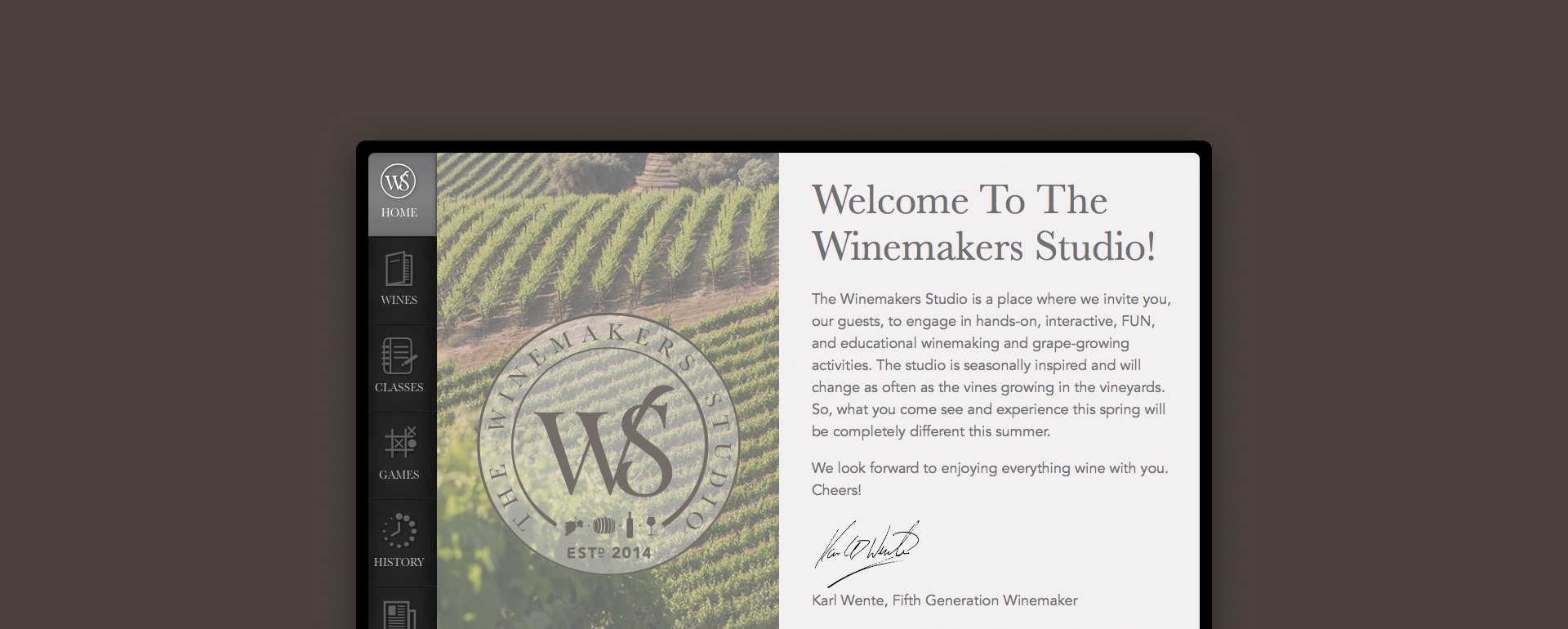 Winemaker Studio App welcome page