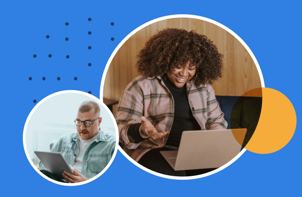 Two people on laptops with the Aurea Logo