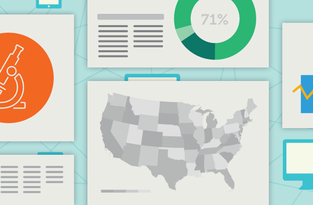 Different types of graphs and infographics on a blue background