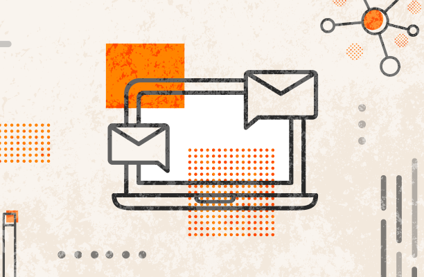 An illustration of a laptop with email icons on it