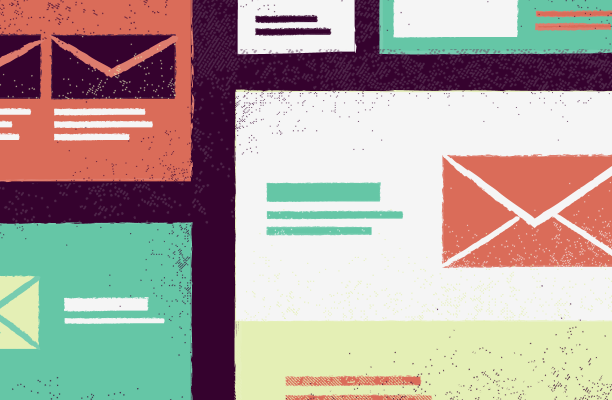 A series of colorful email icons on a dark background