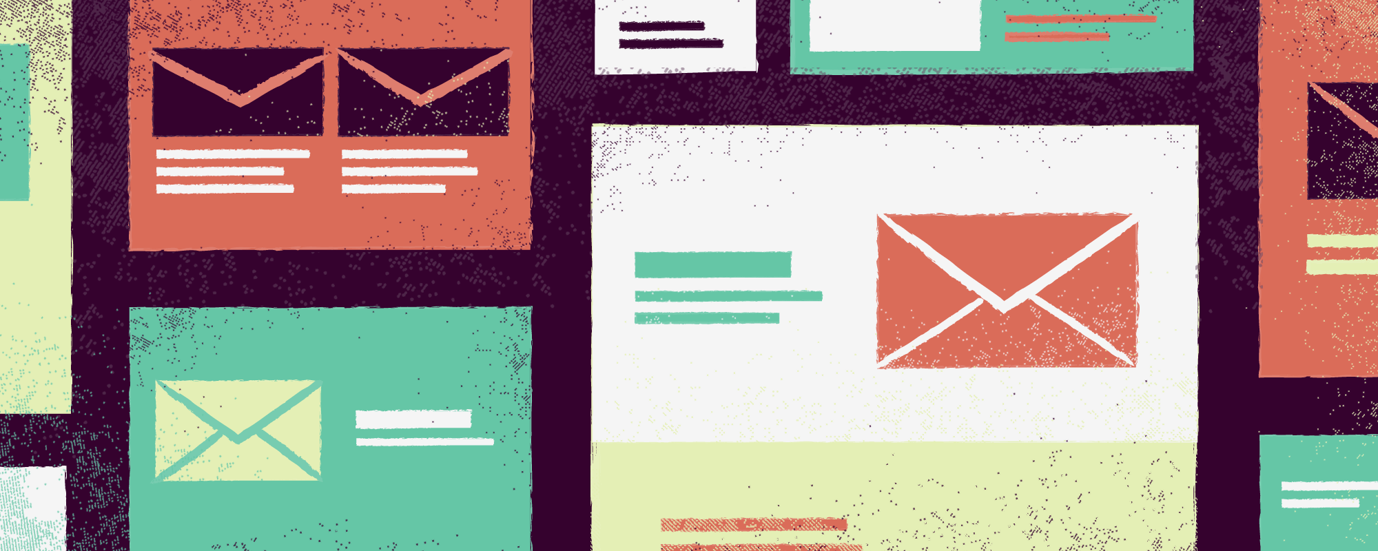 A series of colorful email icons on a dark background