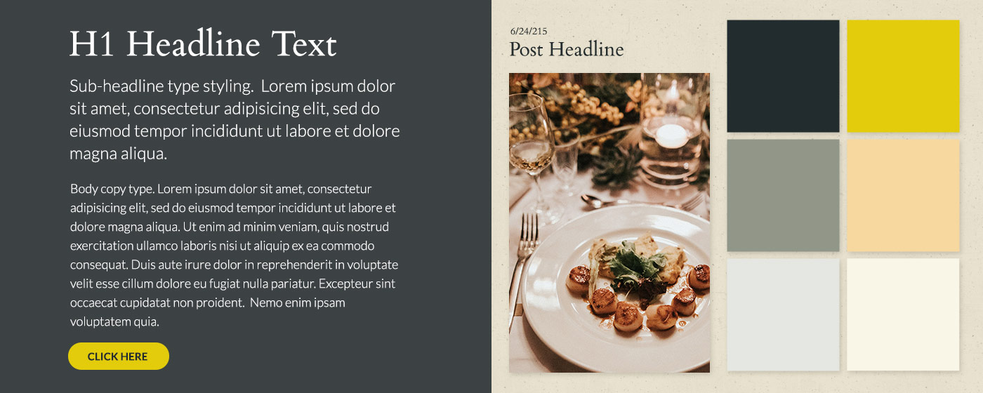 A website with a menu, color palette and text