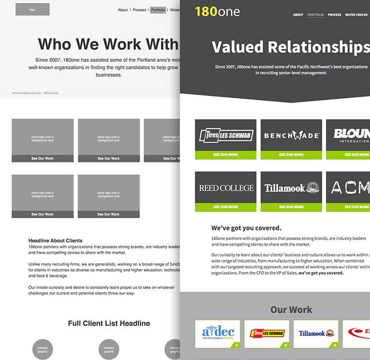 Wireframing Comparison 180one website