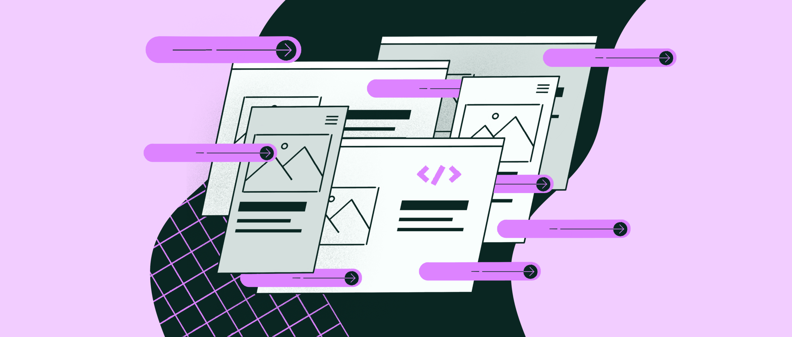 Purple graphic of website wireframes