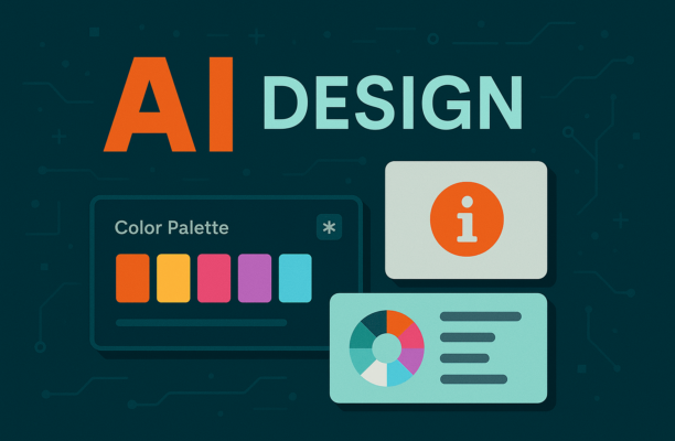 “AI Design” illustration showing a color palette and interface cards