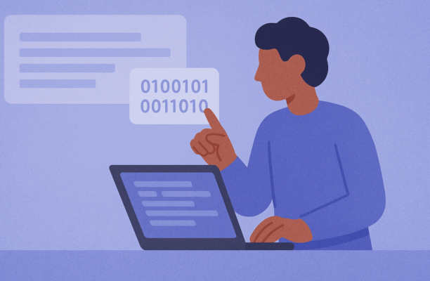 Illustration of a person working on a laptop with code on screen