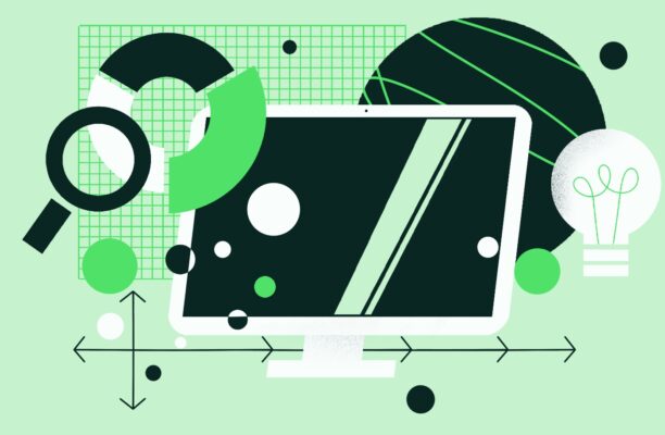 Illustration of a monitor, magnifying glass and charts representing AI-driven work