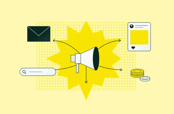 Illustration of digital marketing channels: a megaphone sending arrows to an email envelope, a search bar, a social post and a stack of coins