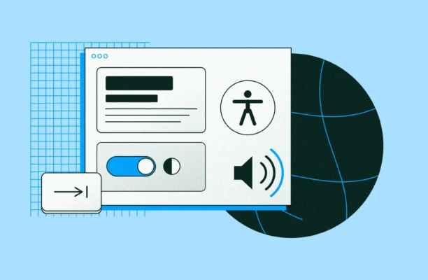 Illustration of accessible web design: a web page with an accessibility icon, a contrast toggle, a speaker and a keyboard key