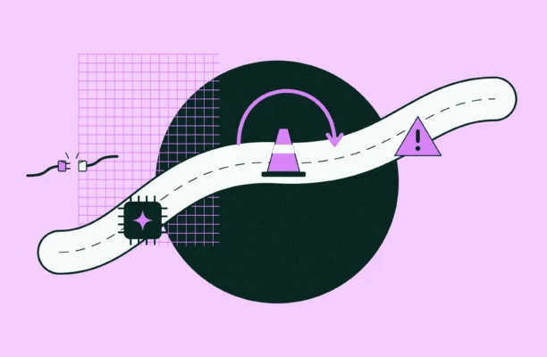 Illustration of AI implementation challenges: an AI chip on a winding road with a traffic cone, a detour arrow, a warning sign and an unplugged cable