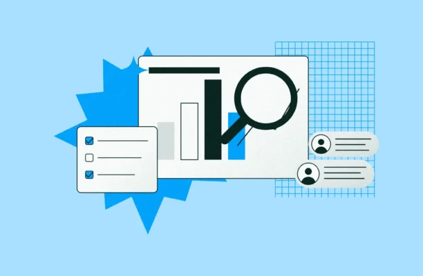 Illustration of AI market research: a magnifying glass over a bar chart, a survey checklist and customer profile cards