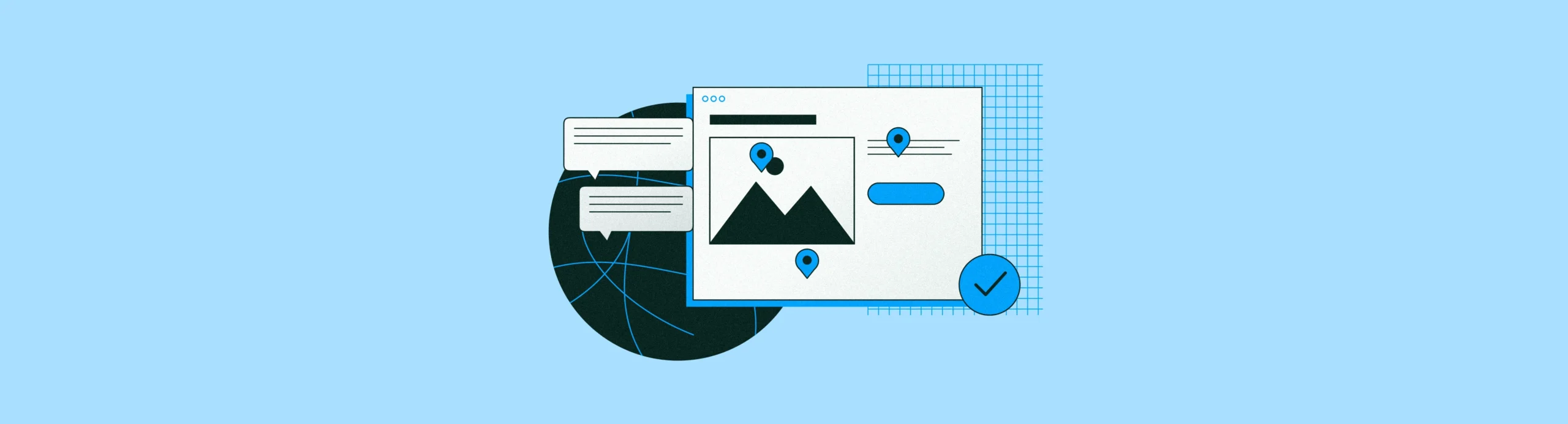Illustration of a design review: a page mockup with comment pins, feedback speech bubbles and an approval checkmark