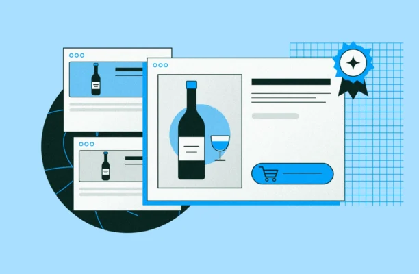 Illustration of the best winery websites: browser windows with wine bottle product pages, a wine glass, a cart button and an award badge