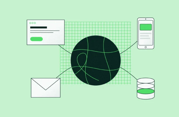 Illustration of a digital ecosystem: a globe connected to a website, a phone, an email envelope and a database