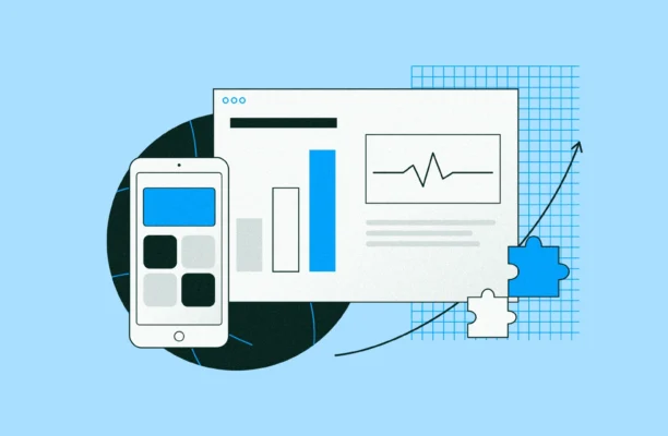 Illustration of a digital product: a phone app and a dashboard with charts, puzzle pieces and a rising arrow