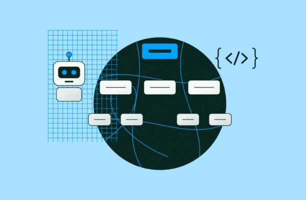 Illustration of technical SEO: a crawler robot beside a site structure tree and code brackets