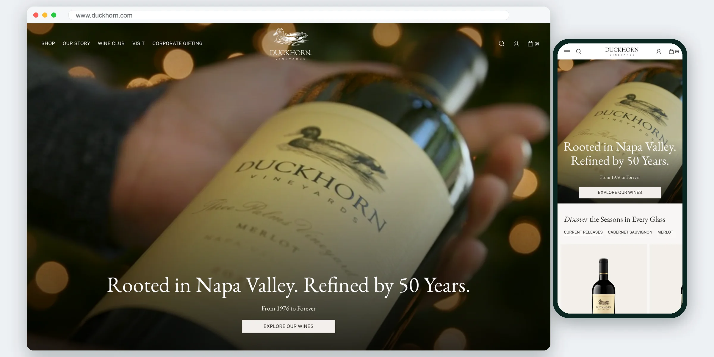 Duckhorn Vineyards website homepage on desktop and mobile