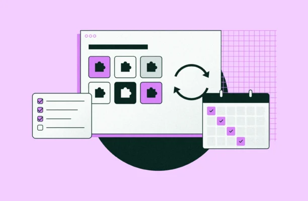 Illustration of WordPress maintenance: a dashboard of plugin blocks, an update arrow, a checklist and a monthly calendar