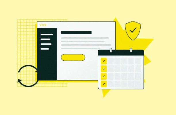 Illustration of Craft CMS maintenance: a CMS dashboard, a monthly calendar with checkmarks, an update arrow and a security shield