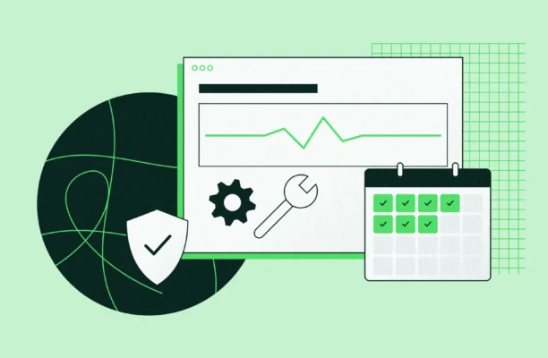 Illustration of website management: a site dashboard with an uptime line, a gear and wrench, a security shield and a task calendar