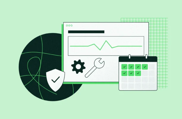 Illustration of website management: a site dashboard with an uptime line, a gear and wrench, a security shield and a task calendar