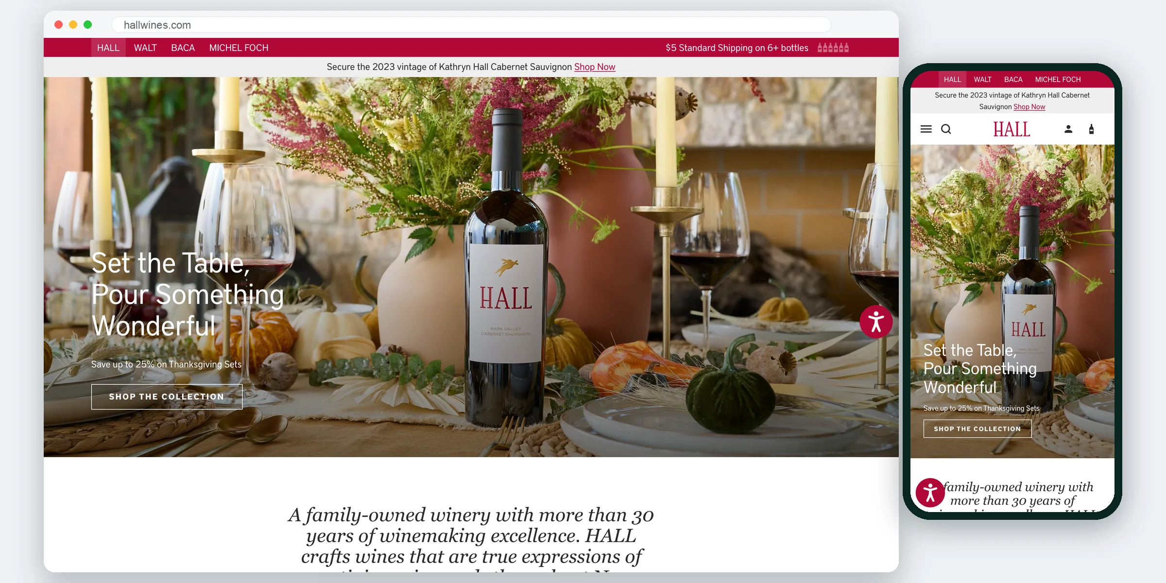 HALL Wines website homepage on desktop and mobile