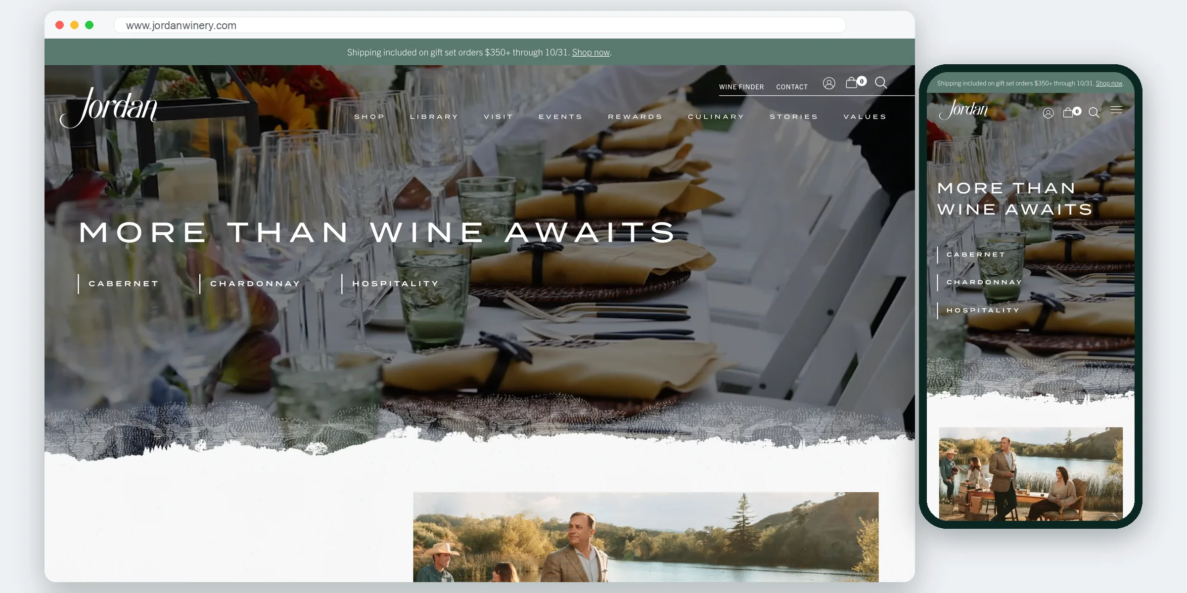 Jordan Winery website homepage on desktop and mobile