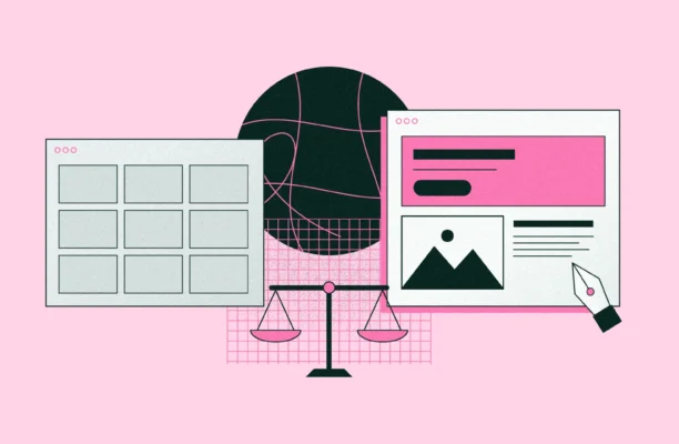 Illustration of a custom website vs a template: a generic grid template and a custom page layout weighed on a balance scale