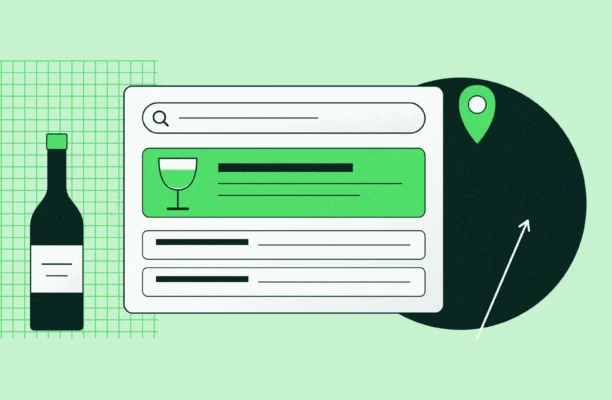 Illustration of winery SEO: a wine bottle beside search results with a wine listing at the top, a map pin and a rising arrow