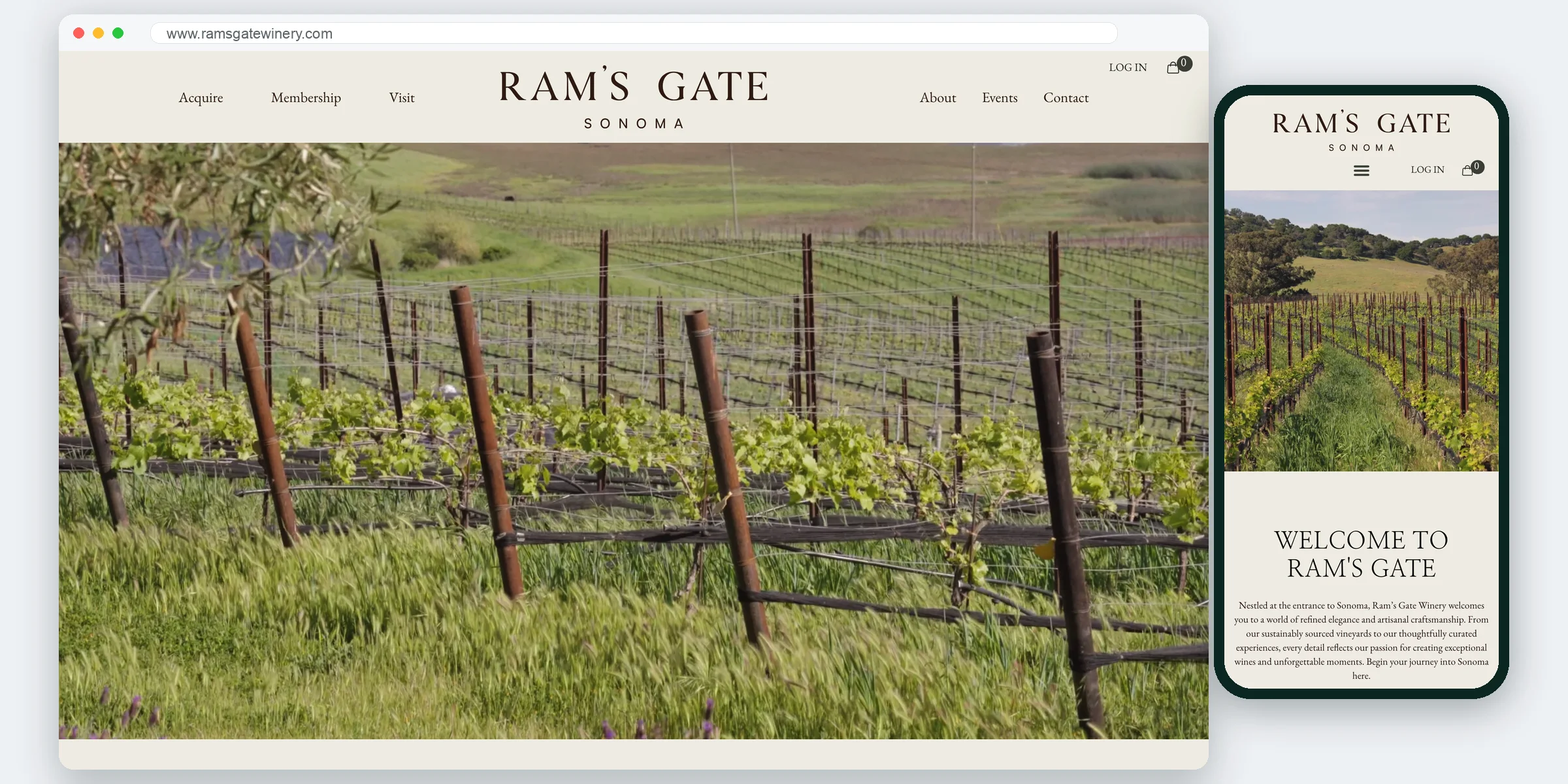 Ram’s Gate Winery website homepage on desktop and mobile
