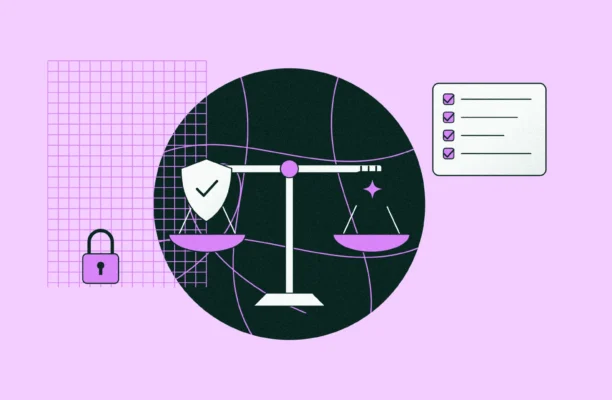 Illustration of responsible AI: a balance scale with a shield and an AI spark, a padlock and a checklist