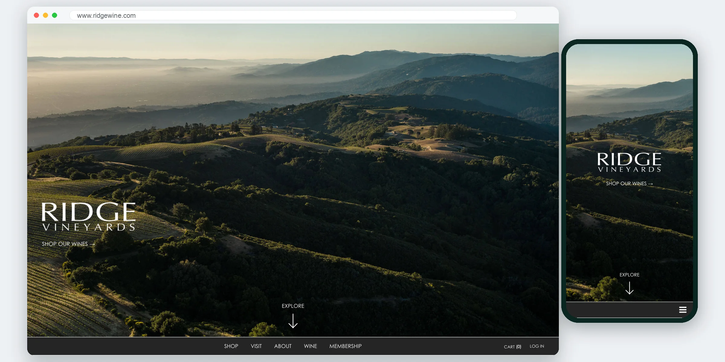 Ridge Vineyards website homepage on desktop and mobile