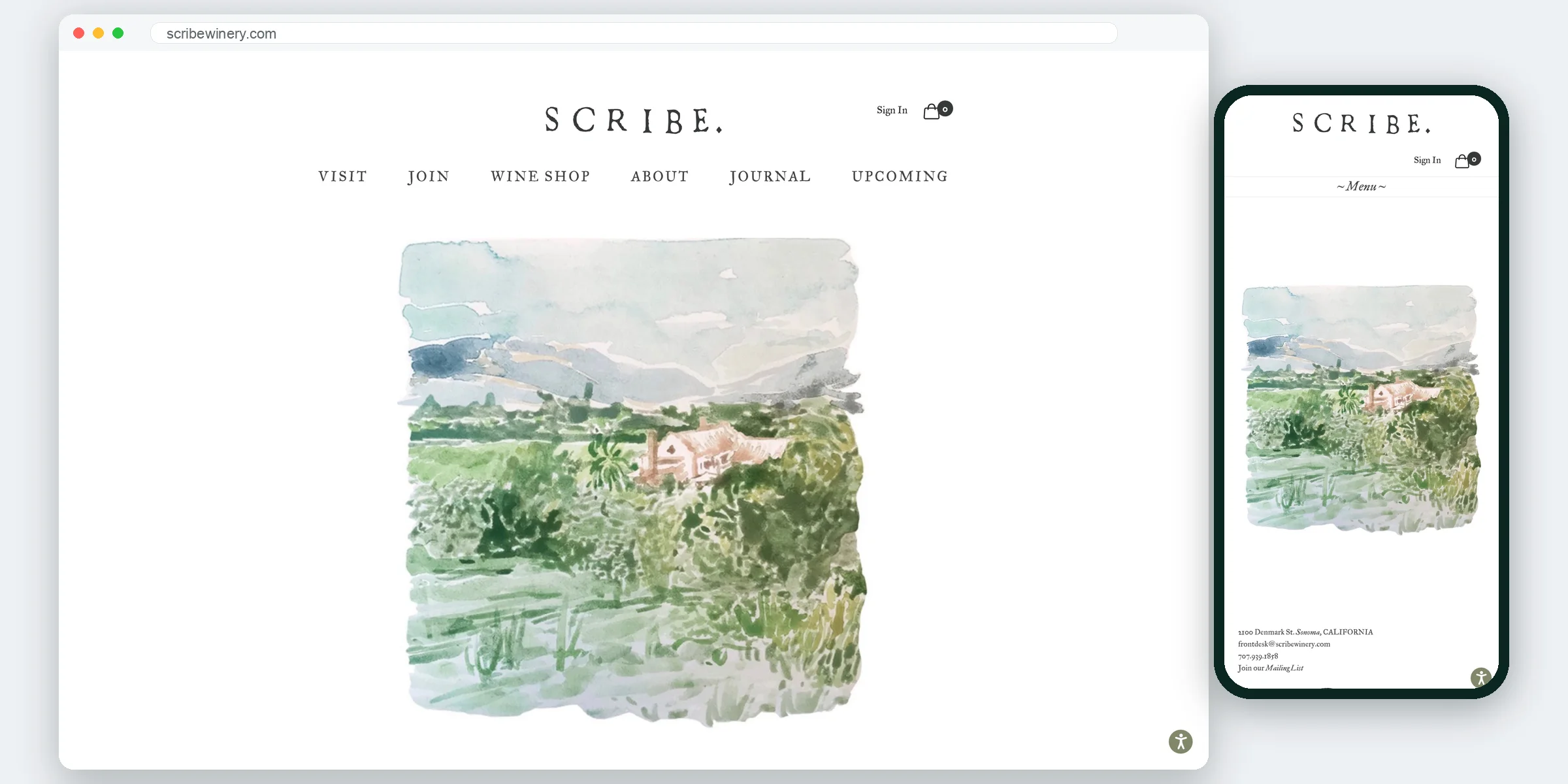 Scribe Winery website homepage on desktop and mobile