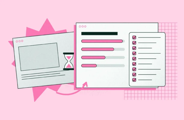 Illustration of an LMS upgrade: an outdated course window with an hourglass, a new course window with progress bars and a checklist