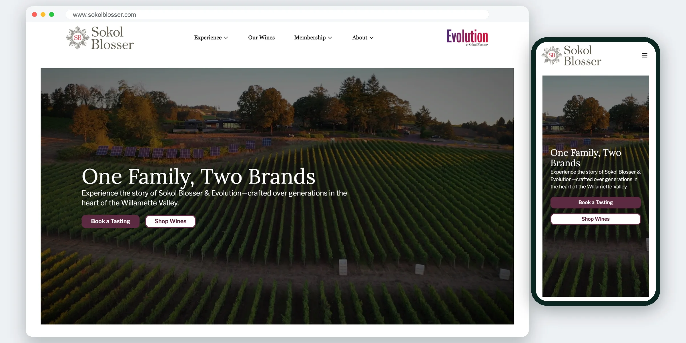Sokol Blosser website homepage on desktop and mobile
