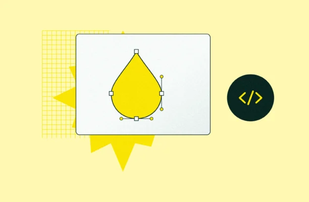 Illustration of SVG graphics: a vector drop shape with anchor points and a code bracket icon
