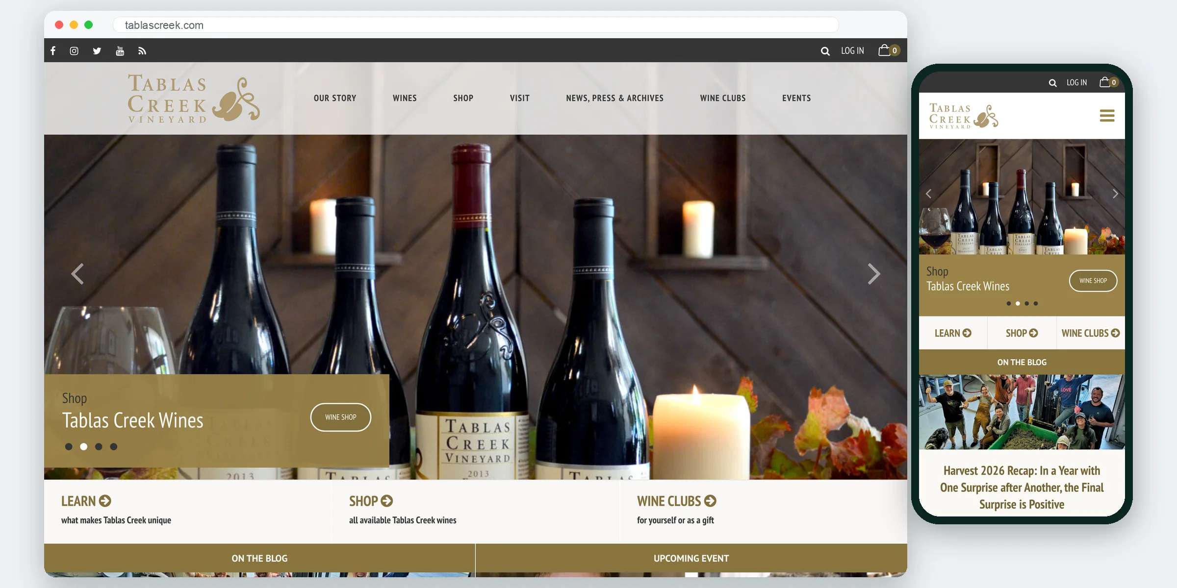 Tablas Creek website homepage on desktop and mobile