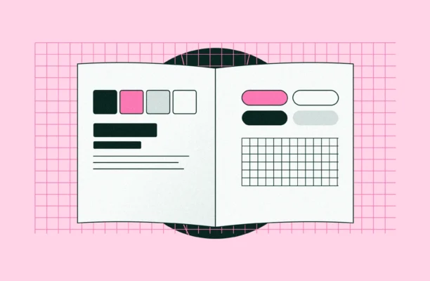Illustration of a digital style guide: an open book with color swatches, type samples, buttons and a grid