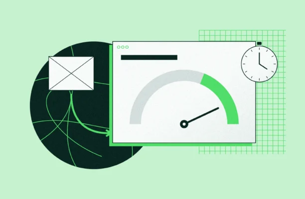 Illustration of website performance: a browser with a speed gauge, a stopwatch and a wireframe connected to it