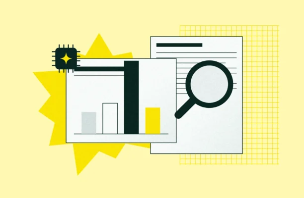 Illustration of the MIT AI study: a bar chart with one tall bar, a magnifying glass over a report and an AI chip