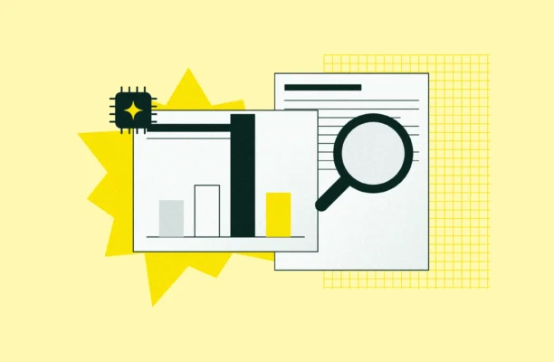 Illustration of the MIT AI study: a bar chart with one tall bar, a magnifying glass over a report and an AI chip