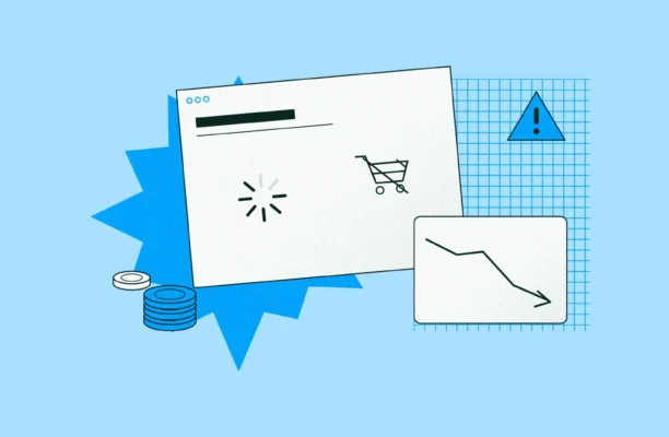 Illustration of the cost of a bad website: a slow-loading page with a cart, a falling chart, a warning sign and coins