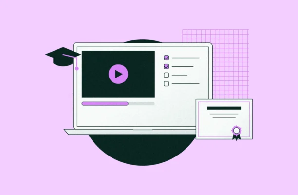 Illustration of a learning management system: a laptop showing a video lesson with a progress bar, a quiz checklist, a graduation cap and a certificate
