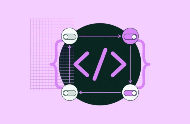 Illustration of state in programming: code brackets surrounded by on/off toggles connected by arrows