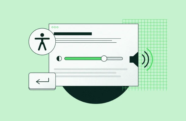 Illustration of web accessibility: a page with an accessibility icon, a contrast slider, a speaker and a keyboard key