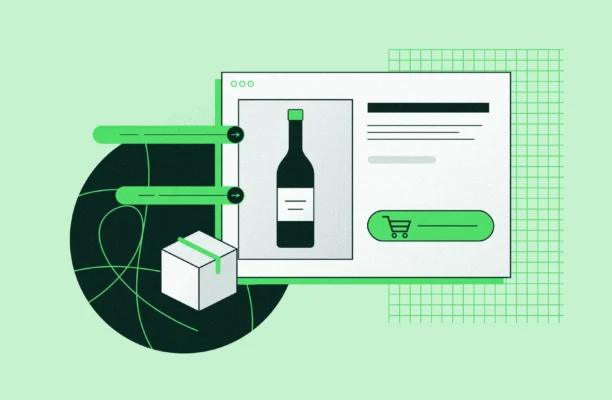 Illustration of winery ecommerce: a wine product page with an add-to-cart button, linked store connections and a shipping box