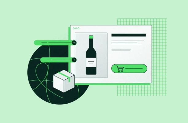Illustration of winery ecommerce: a wine product page with an add-to-cart button, linked store connections and a shipping box